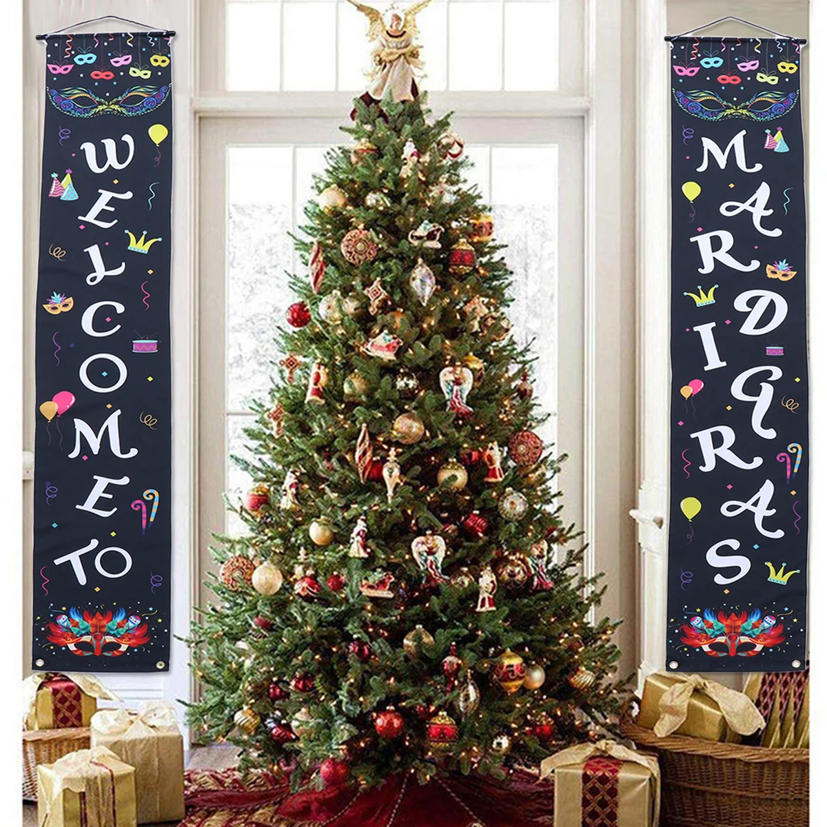 

1Pair Mardi Gras Door Curtain Banner Hanging Sign for American Carnival Festival Front Door Decoration American Carnival Banner