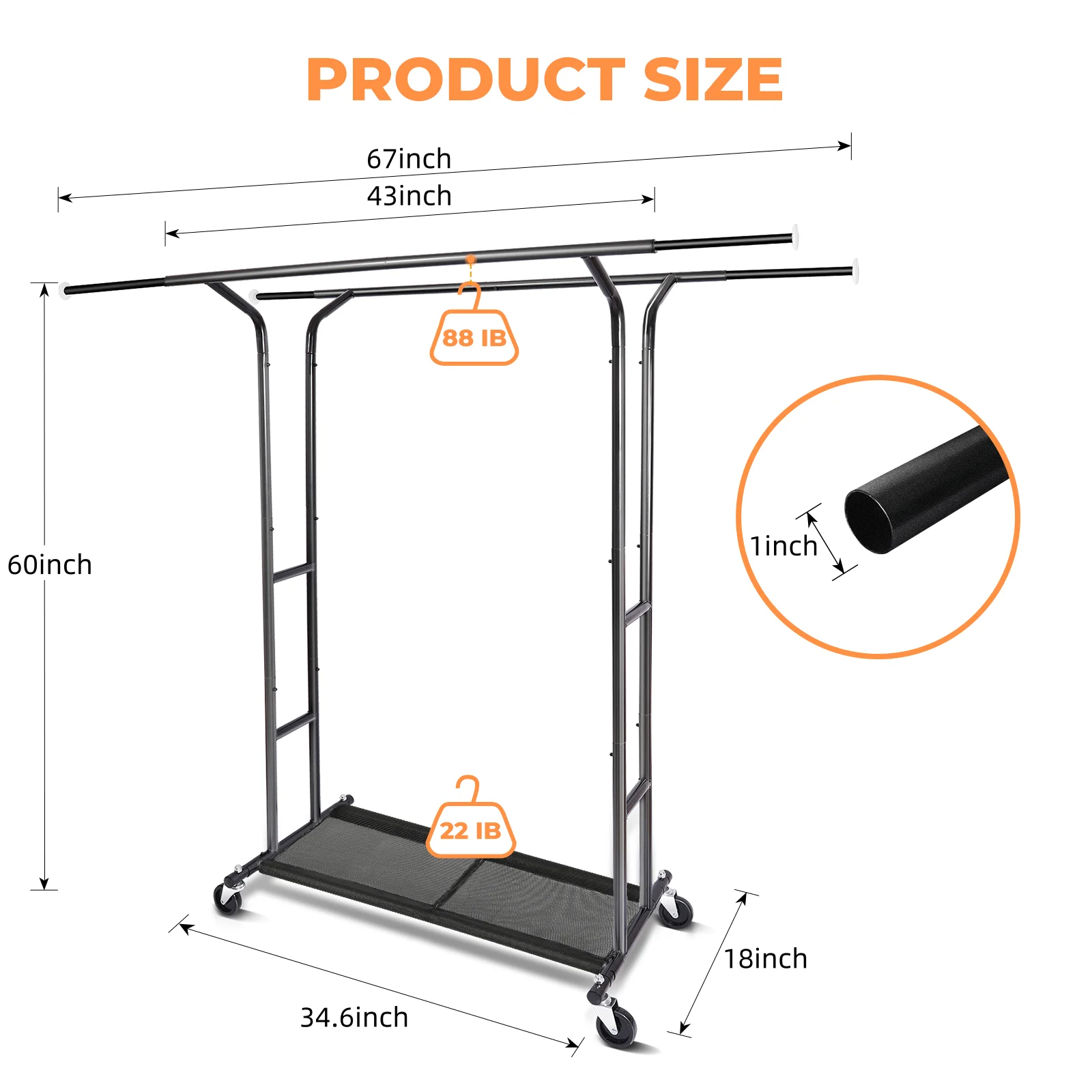 Black Heavy Duty Standard Storage Items Horizontal Horizontal Parallel Double Pole Metal Bearing Clothing Rack