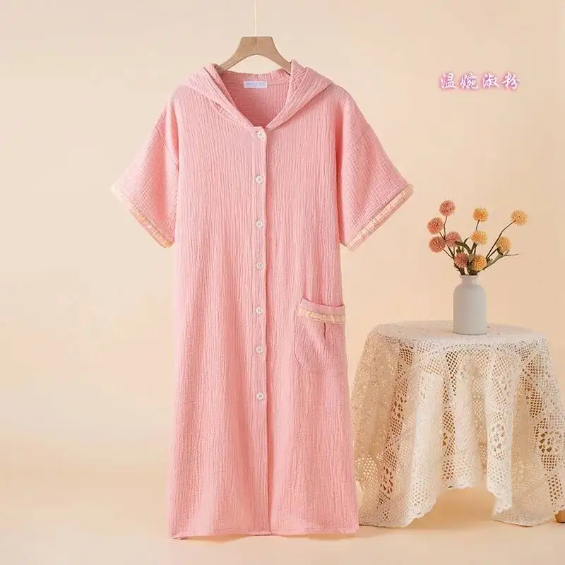 سترة صوفية بغطاء للرأس من القطن للأزواج الصيفية، رداء حمام منزلي بأكمام قصيرة، مقاس كبير، ثوب نوم للنساء