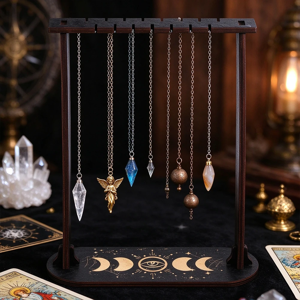 Triple Moon Evil Eye Wooden Jewelry Display Stand Pendulum Holder Necklace Earring Rack Boho Witchy Desktop Organizer