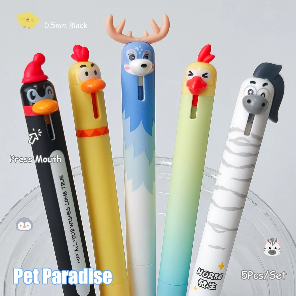 5-teiliges Niedliches Tierfamilien-Gelstift-Set 0,5mm Schnelltrocknende Tierstifte Pinguin Hirsch Huhn Papagei Zebra Einfacher Stil Stift