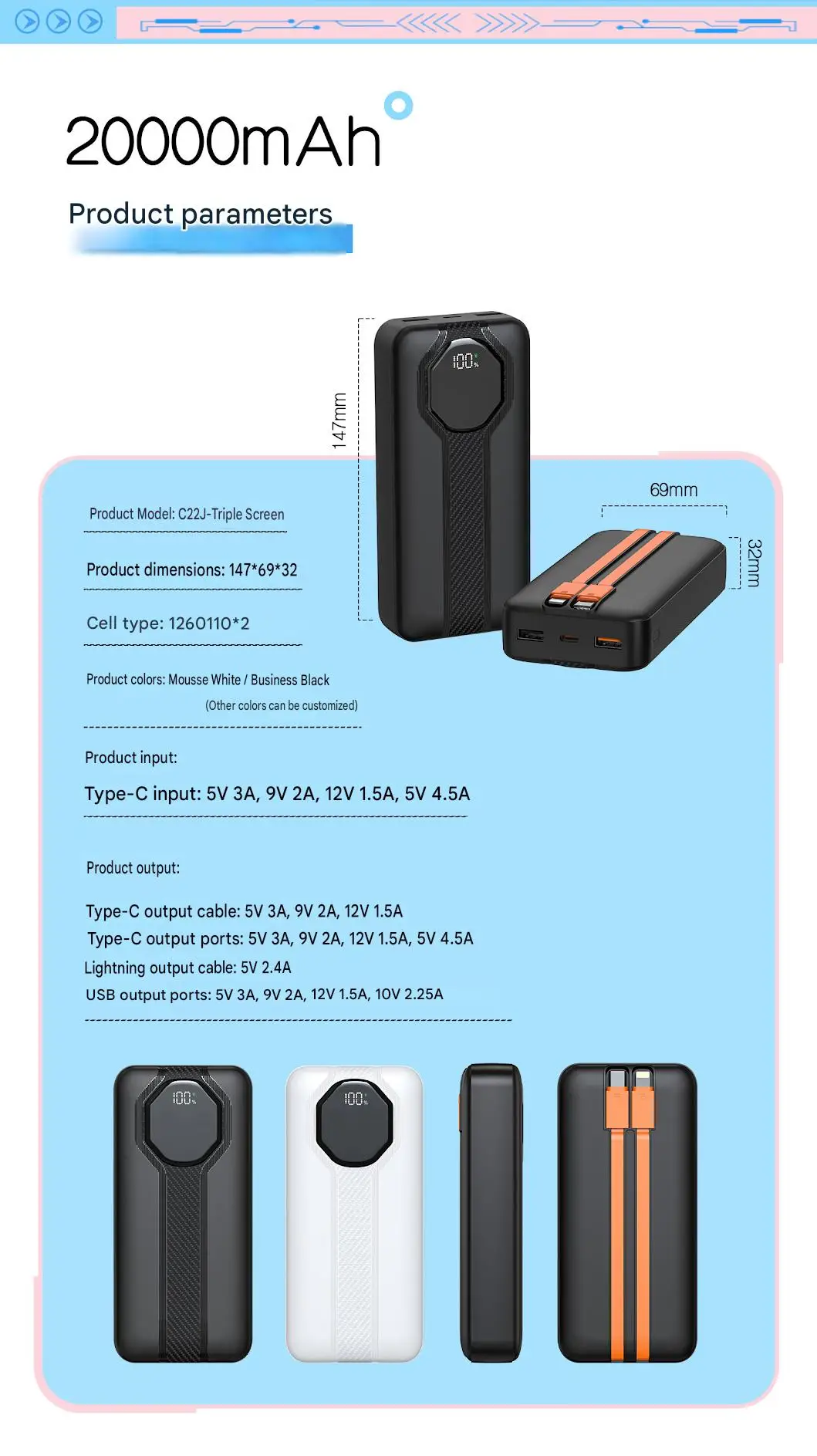 20000mAh Power Bank with Digital Display Built-in Cable Fast Charging Portable Charger 3C Certified Super Fast Charge Large Capacity External Battery Pack Airplane Friendly for Travel Smart Phone view 7