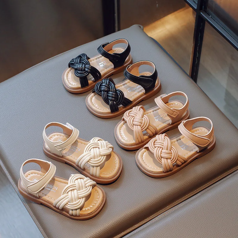 

New Summer Beach Shoes Princess Flats Hook & Loop Chic Kids Children Fashion Girls Sandals Casual Weave Breatheable