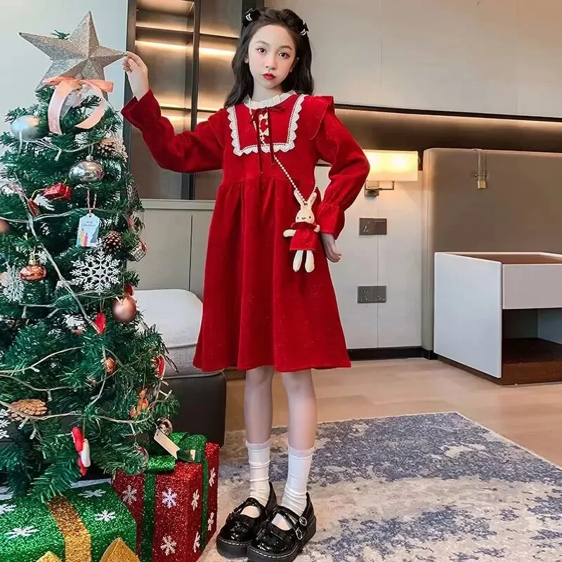 2023 autumn Teenager kids Girls corduroy clothes Princess Dress lace mesh collar A-LINE retro winter Christmas 4 to 12 new Years