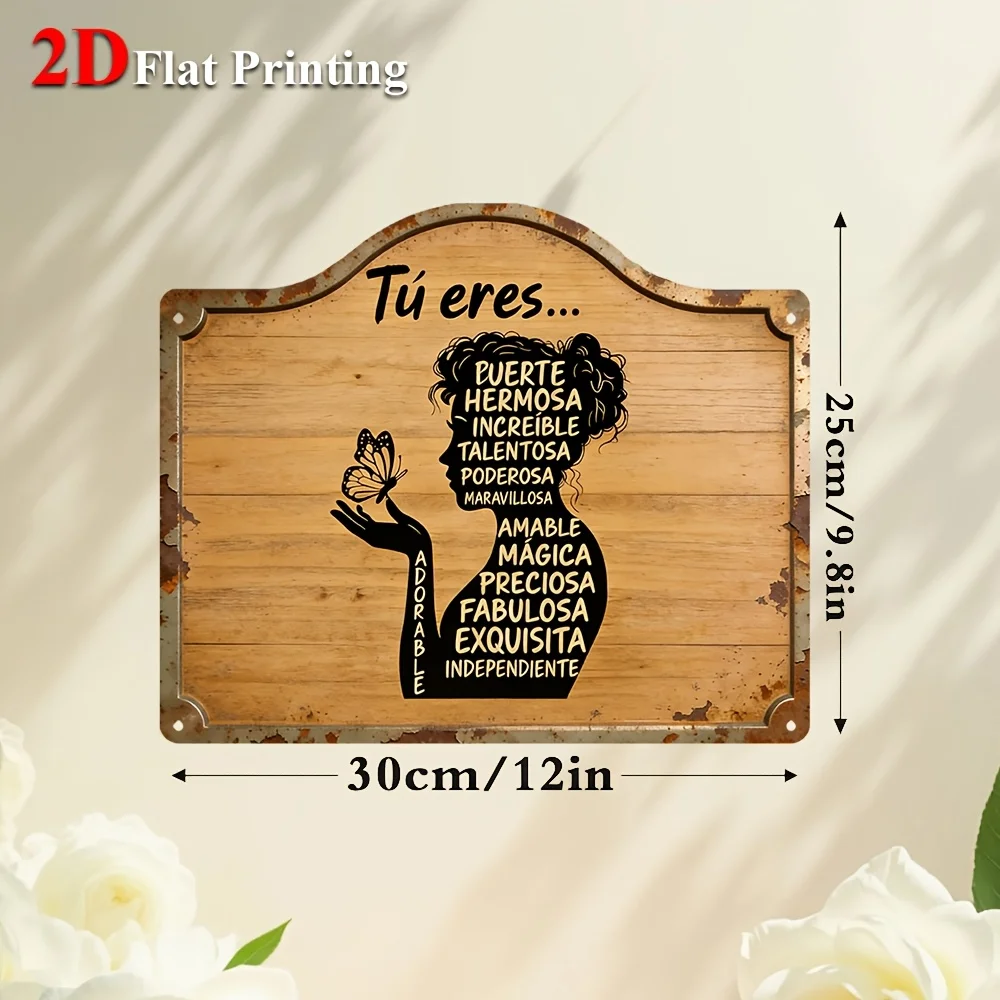 1pc, 2D Flat Sign, Metal Sheet Painting - Metal Artwork Featuring A Woman Holding A Butterfly With Spanish Words