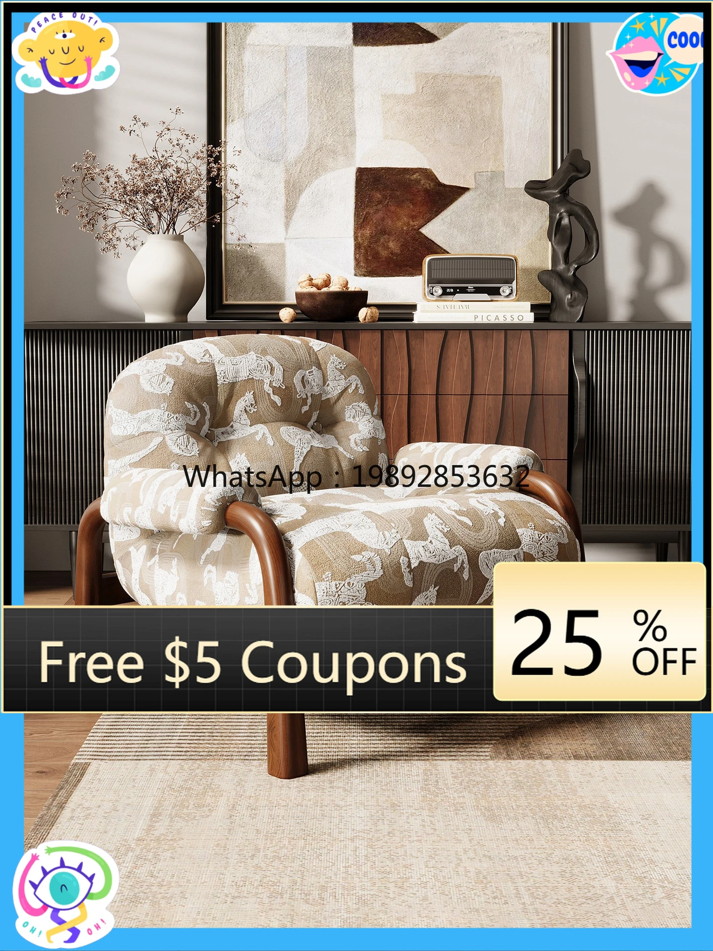 

Solid Wood Single Sofa Chair Vintage Single Chair Retro Leisure Living Room Balcony Armrest Chair