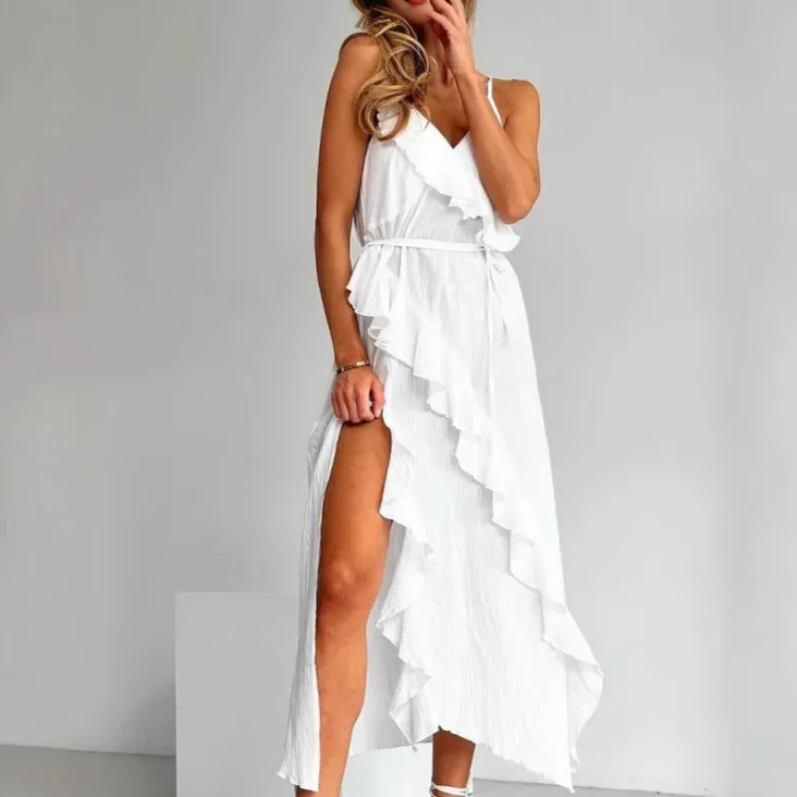 2025 Summer V-neck Design with Ruffled Edges High Waist and Split A-line Skirt for Women