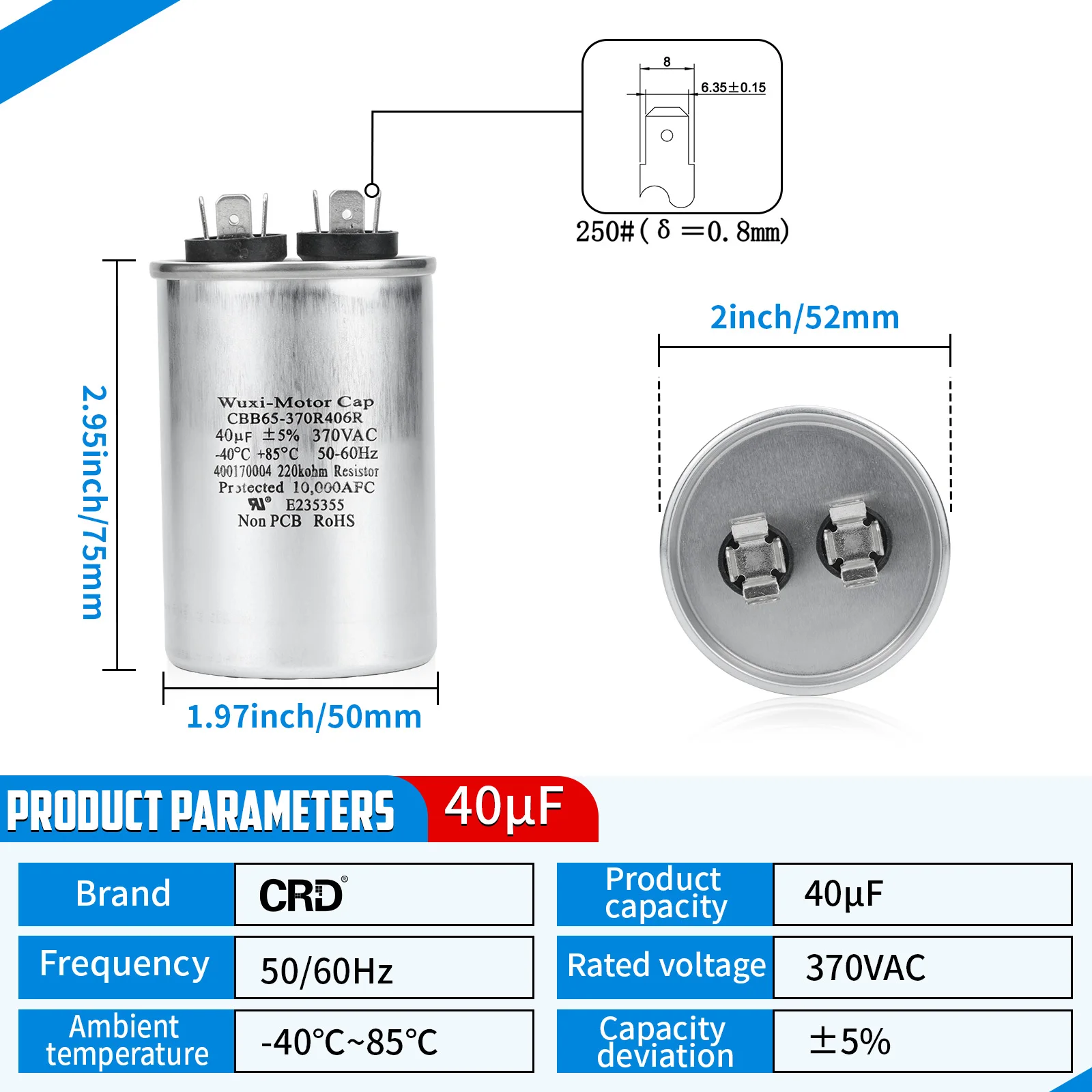 For ROHS Wuxi Motor Cap 40uF 370V AC Air Conditioner Starting Capacitor CBB65 High-Performance Compressor Explosion Proof