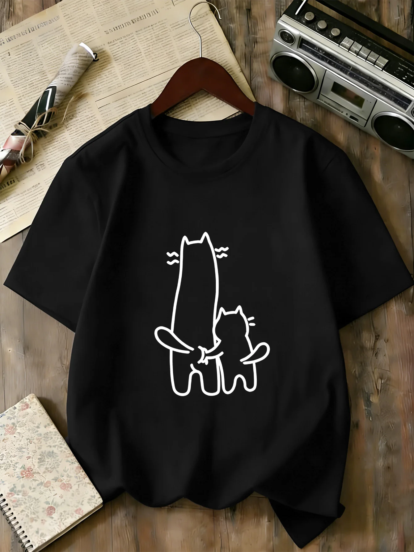 Boys Girls Family Matching Tee Cute Two Holding Hands Cats Line Art Print Short Sleeve Soft Cotton Kids Daily Outdoor Outfit