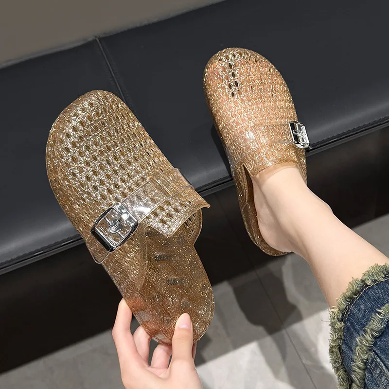 Women's Flat Transparent Baotoe Slippers Summer Hollow Out Slippers Adult Girls Non-slip Woven Half Slipper Female view 2