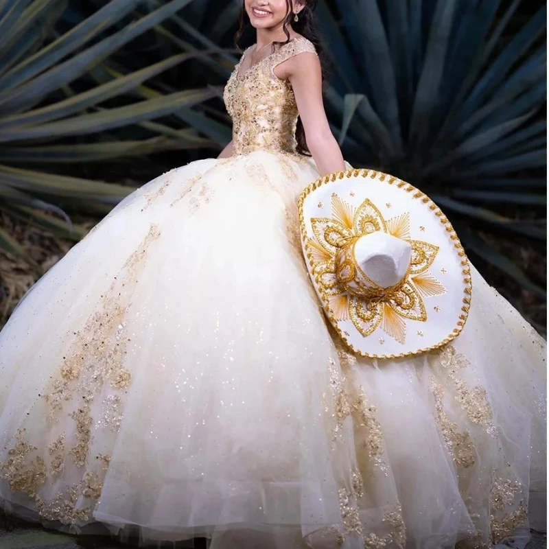 

Gold Crystal Beading Ball Gown Quinceanera Dresses Off The Shoulder Appliques Lace Corset Vestidos De 15 Años