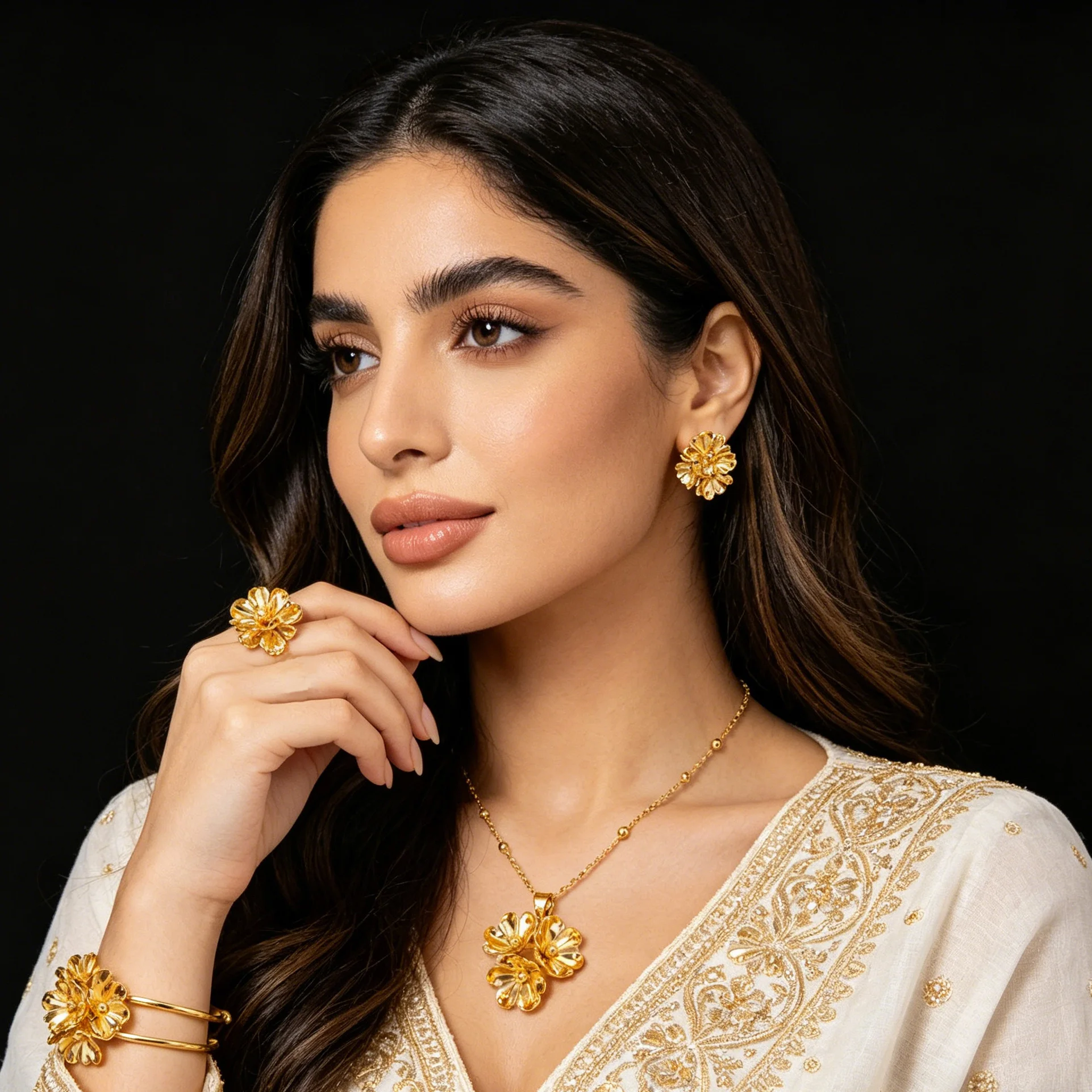Dubai Blumen-Schmuckset Halskette Ohrringe Armband und Ring Damen-Accessoires Perfekt für Hochzeiten Geschenke und Großhandel – Detail 2