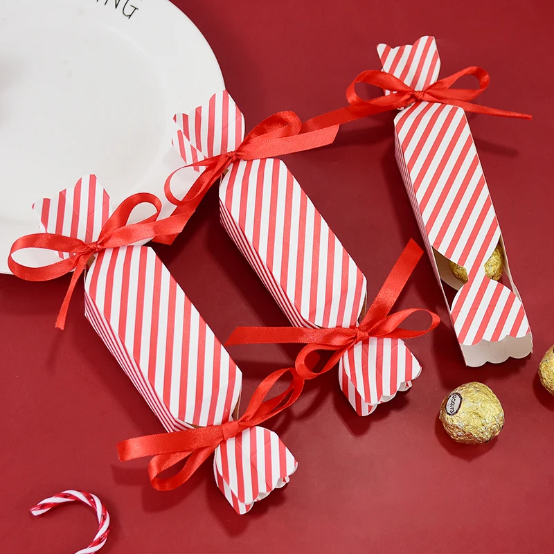 10/50pcs Christmas Red Candy Box with Ribbons Chocolate Cookies Packaging Bag DIY Xmas Tree Ornaments Decoration Wedding Party