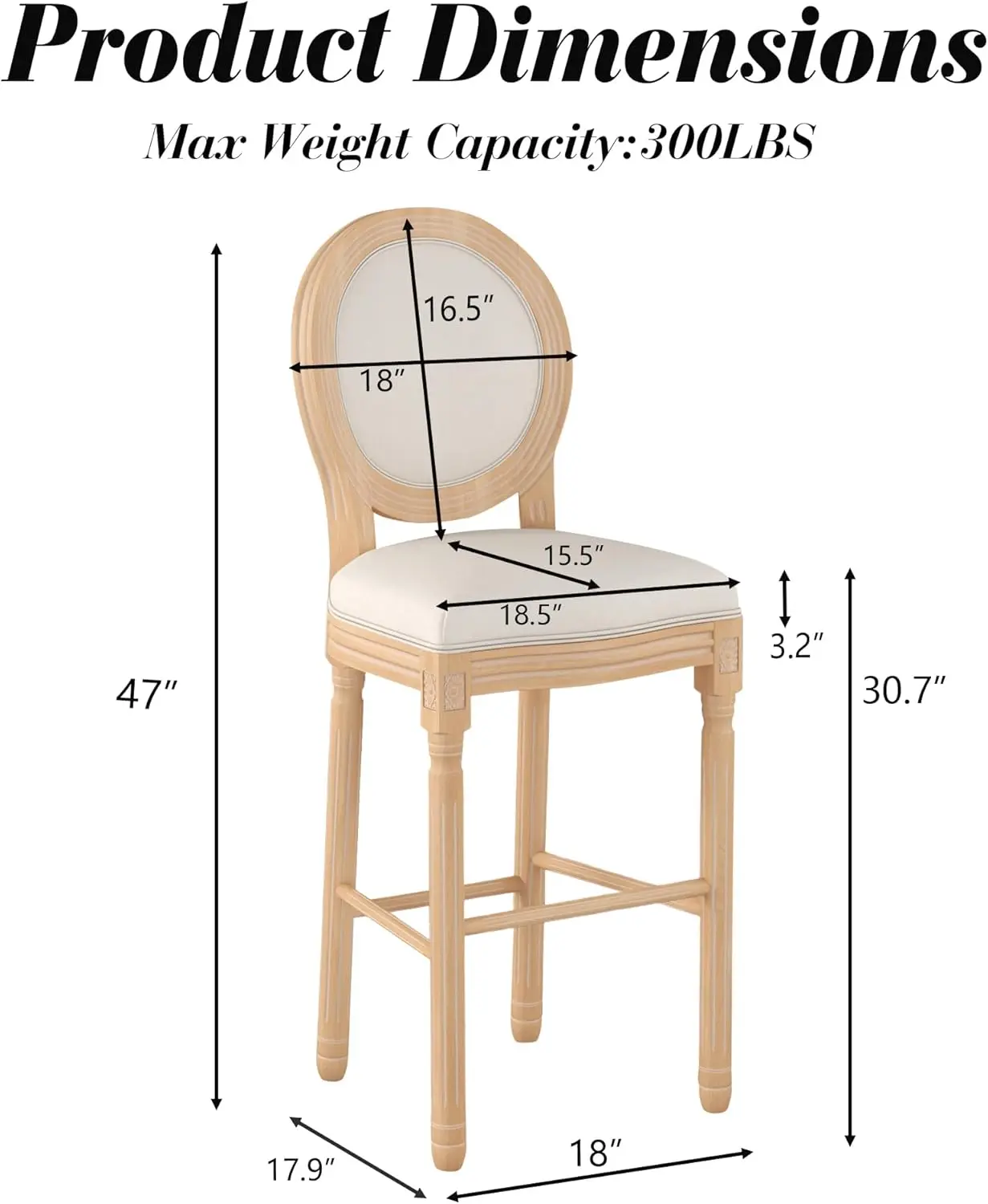 30-Inch French Country Bar Stools Set Of 2, Farmhouse Barstools With Solid Wood Frame And Fabric Upholstered Backrest, Rattan
