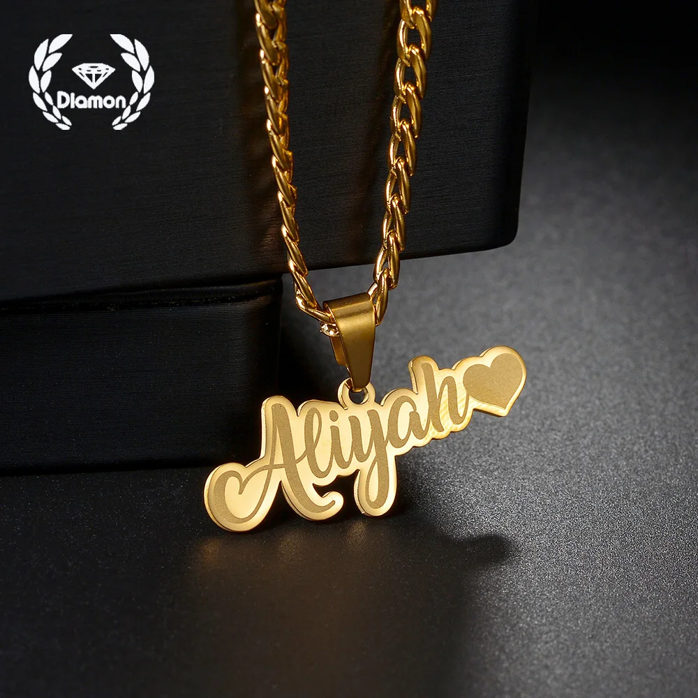 

Diamon Personalized Custom Name Necklace Stainless Steel Jewelry Heart White Plating Thick Chain Pendant for Women Jewelry Gift