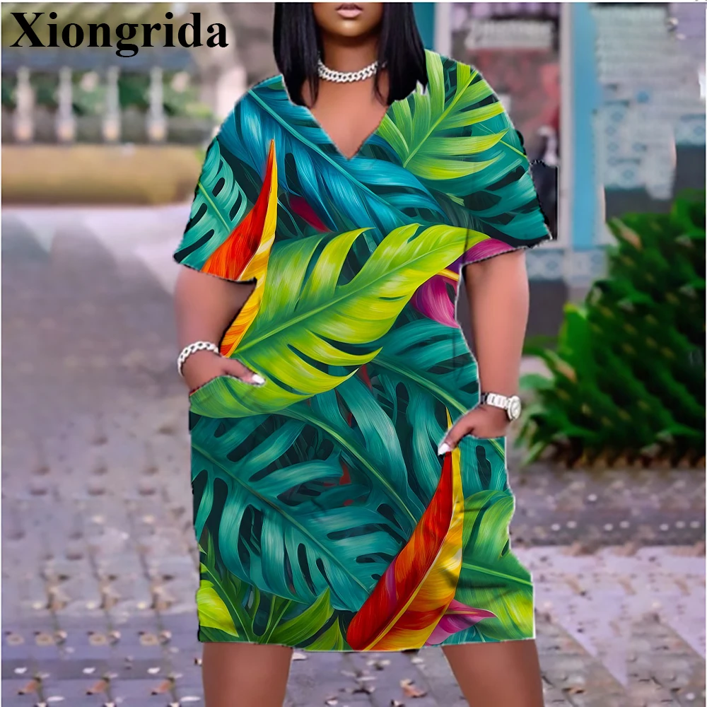 Women's Dress Tropical Leaf Printed Midi T-shirts Dress V-Neck Loose Mini Dress 3D Print Fashion Short Sleeve Dresses