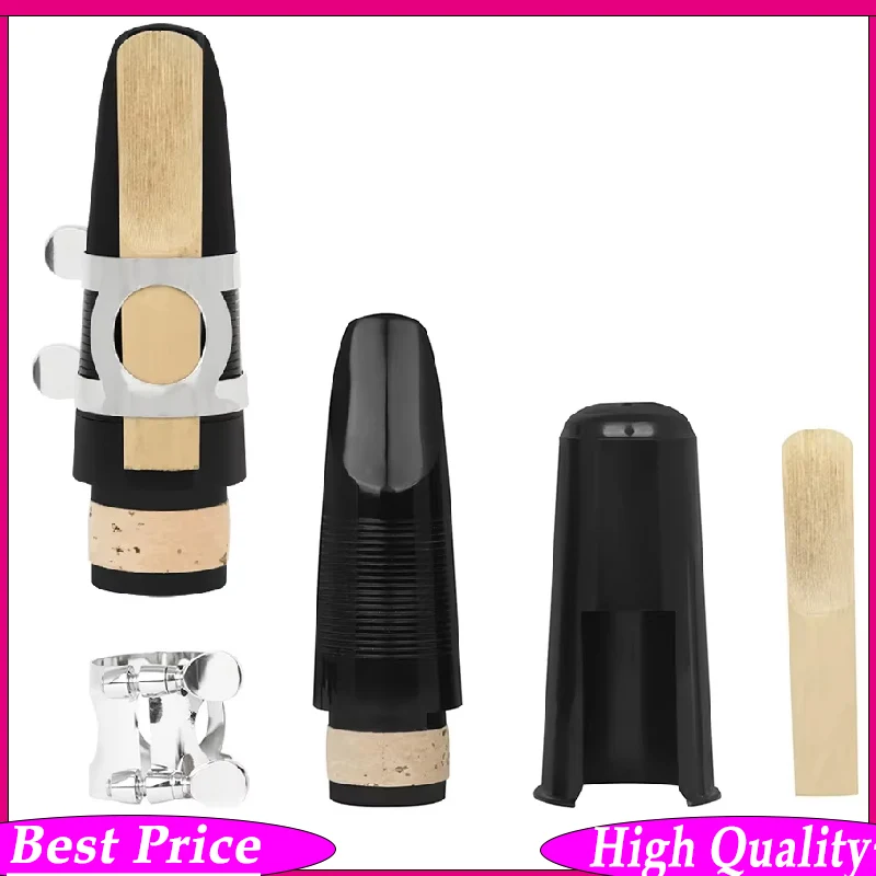 4Pcs Clarinet Mouthpiece Set Clarinet Black Threaded Metal Clip ABS Cork Headset (Headjoint+Black Cap+Silver Clip+Reed)