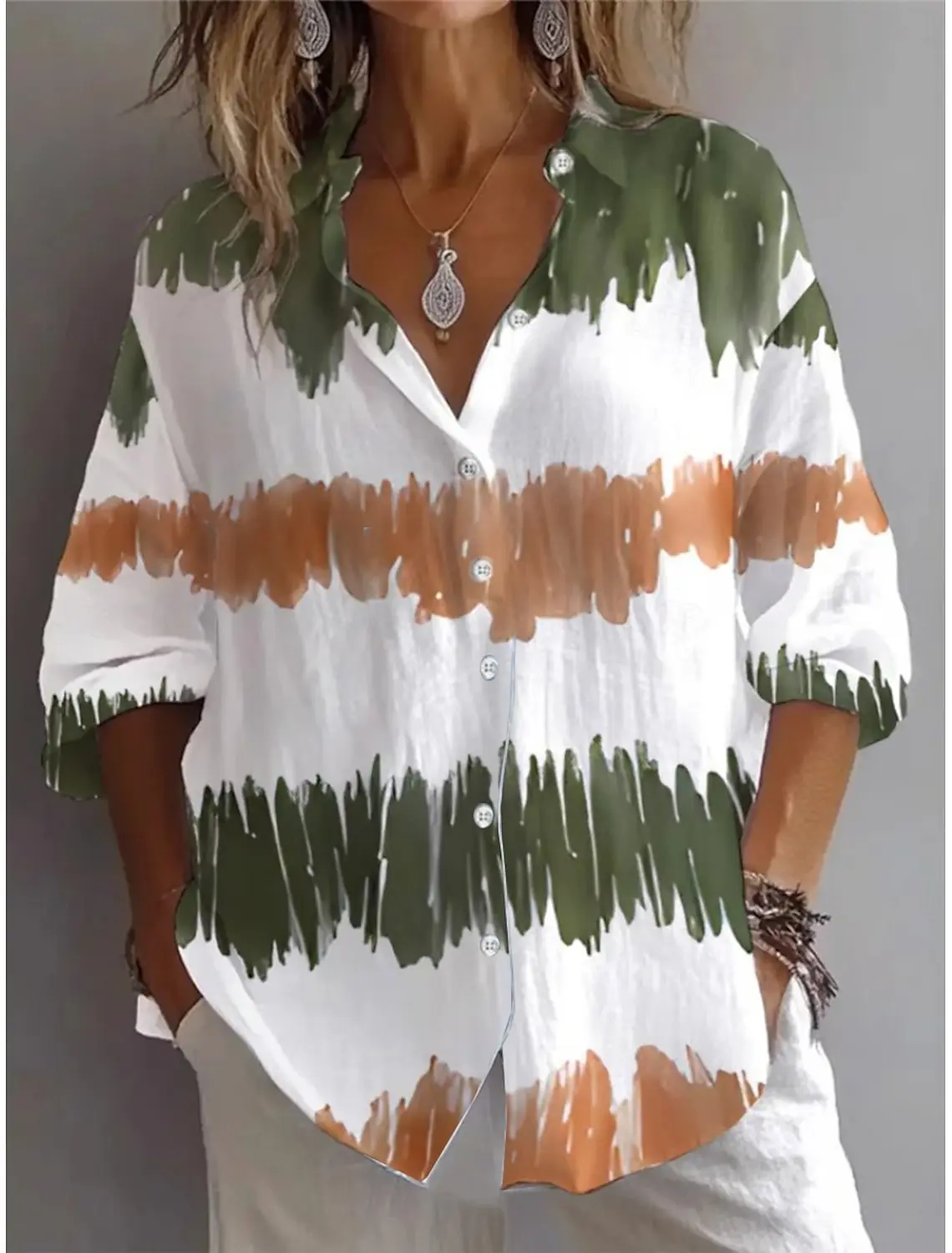 Summer Women's Shirt Flower Active Stylish Blouse Lapel Neck Blouse Women's Long Sleeve Shirts Womens Clothing Female Clothes