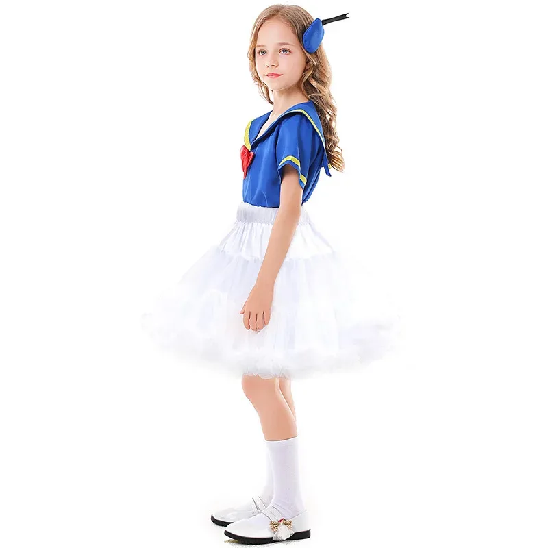 

asdh8@Anime Little Duck Dance Skirt Cosplay Costumes for Kids Sky Blue Short Sleeved Navy Sailor Girls Birthday Carnival Party O