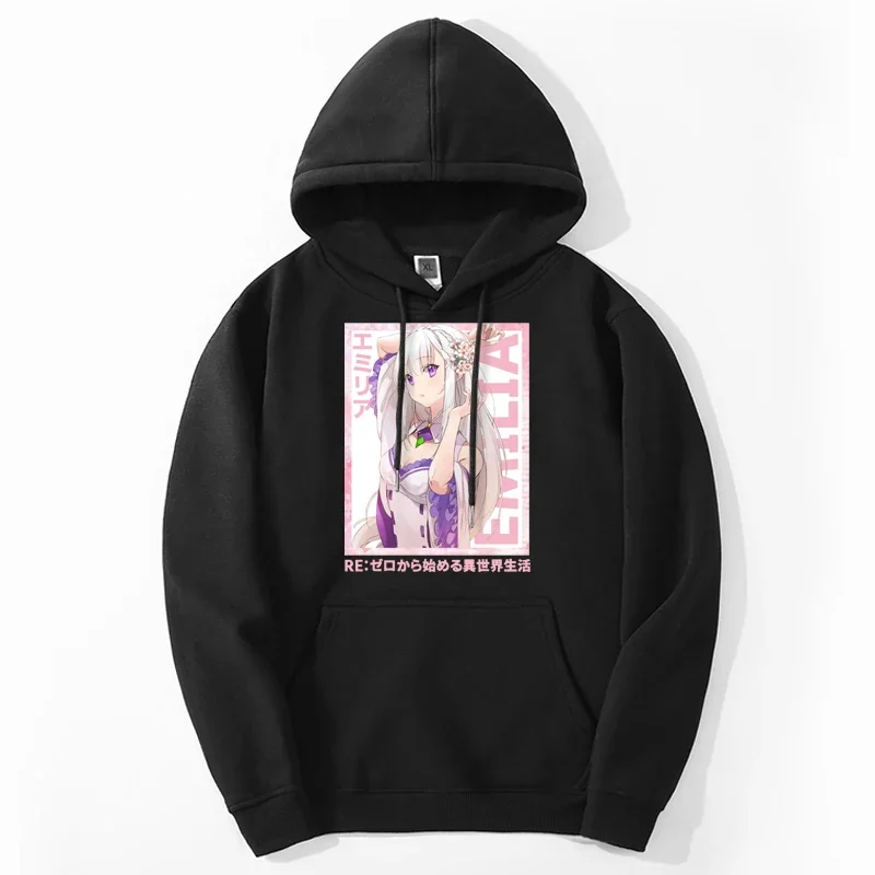 Hot Anime Emilia ReZero Hoodies Japanese Manga Graphic Print Clothes Unique Long Sleeve Round Collar Sudaderas Plus Size Hoody