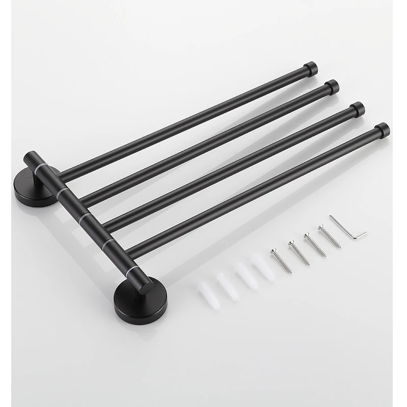 Towel Holder Rack Stainless Steel Swivel Towel Bar Hanger Movable Foldable Wall Mount Towel Rail Black Bathroom Storage
