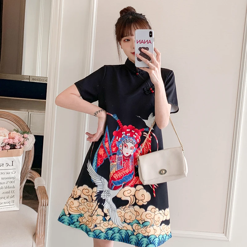 Plus Size M-4XL New Fashion Modern Trend Cheongsam Dress For Women Summer Black Short Sleeve Qipao Traditional Chinese Clothing images - 6