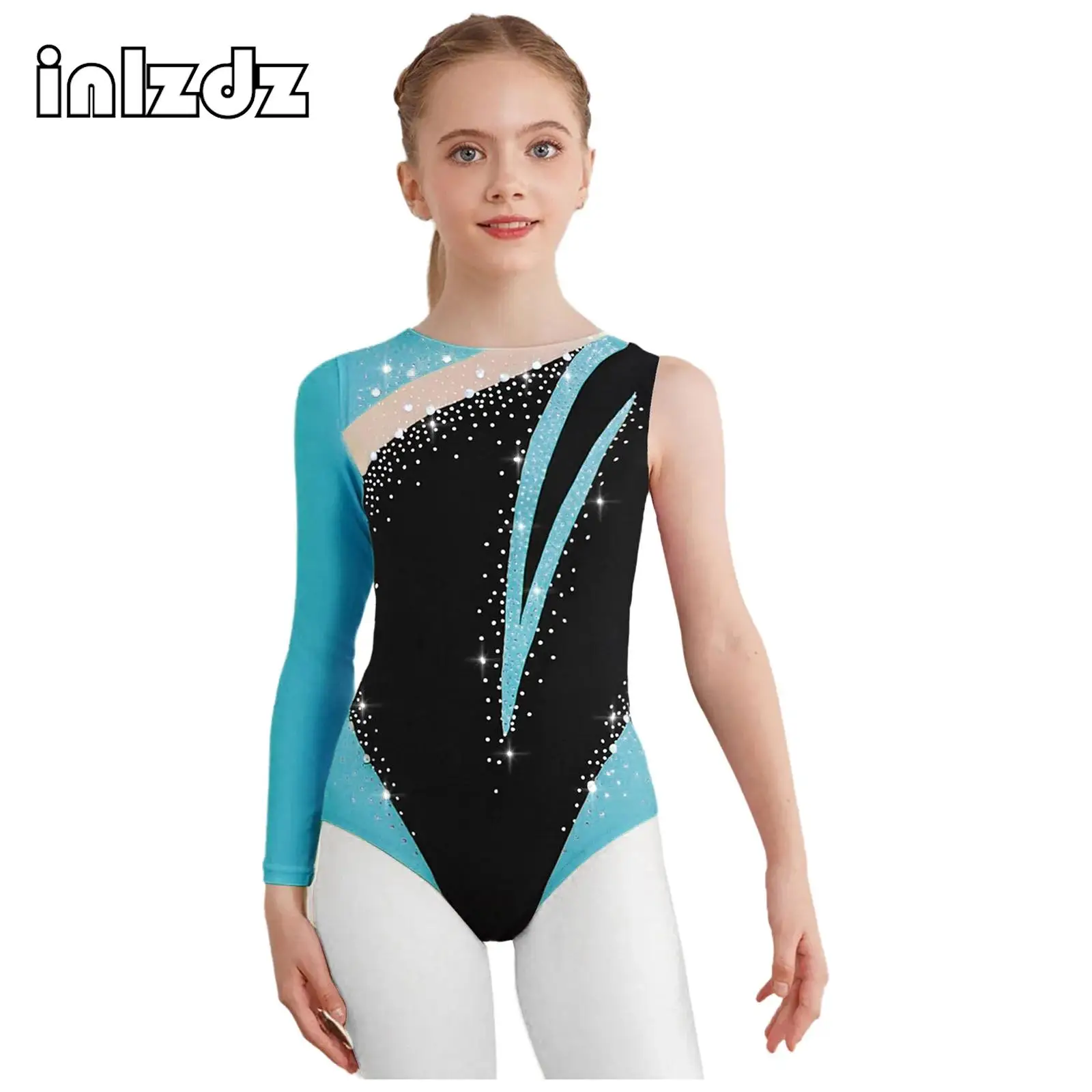 

Rhythmic Gymnastics Leotard for Girls Kids Ballet Dance Skating Performance Costume Rhinestones Color Block Asymmetrical Leotard