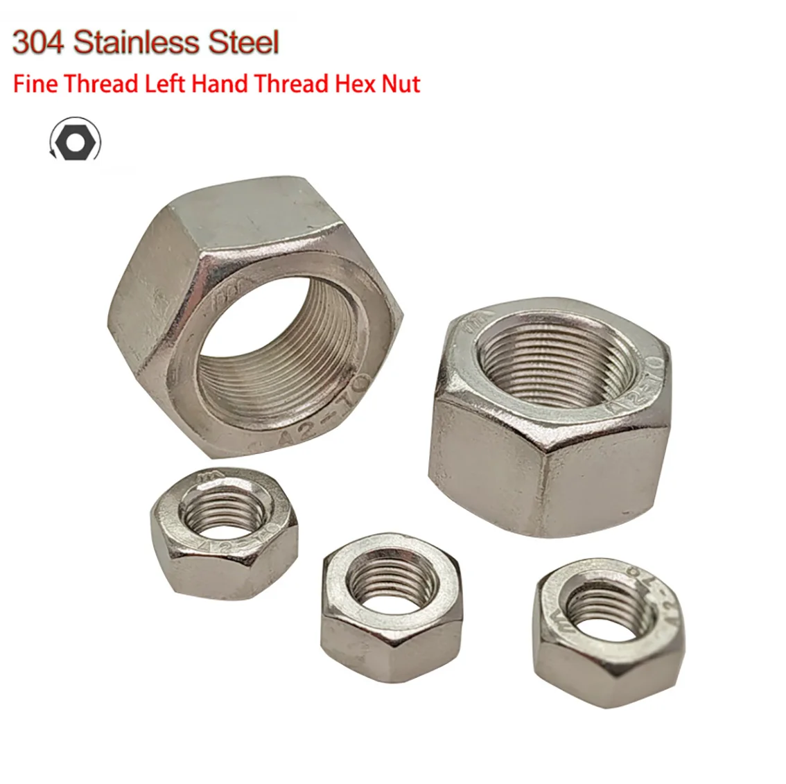 M6~M24 Left Hand Thread Fine Thread Hex Nut 304 Stainless Steel Reverse Thread Hex Hexagon Nuts Left Tooth Nuts