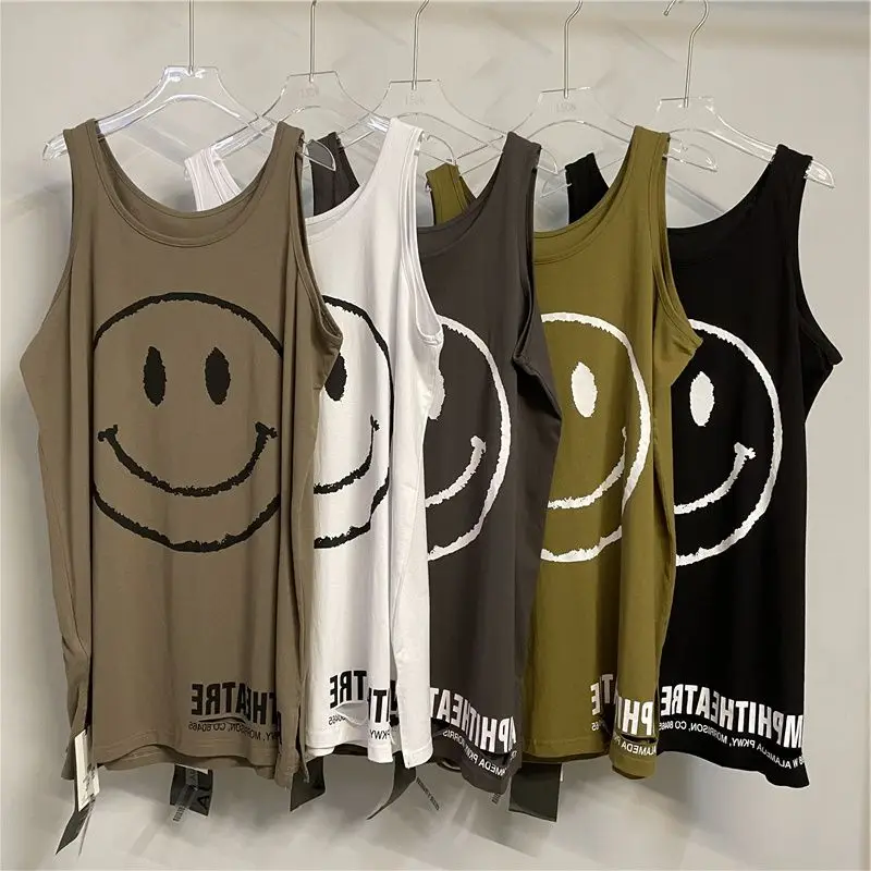 Casual Loose Hole Tanks Summer New Sleeveless Solid Color Printing All-match Youth Black Tops Tees Fashion Trend Women Clothing