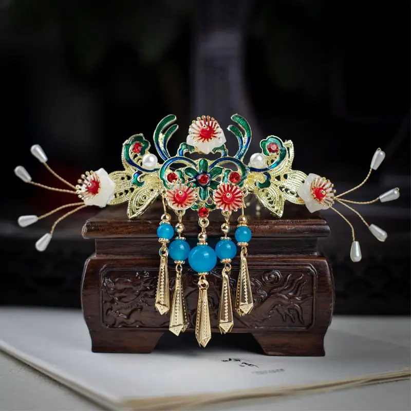 

Vintage Women's Hair Crown Ancient Chinese Cloisonne Hair Pins Hanfu Headdress