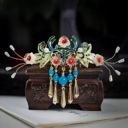 Vintage Women's Hair Crown Ancient Chinese Cloisonne Hair Pins Hanfu Headdress