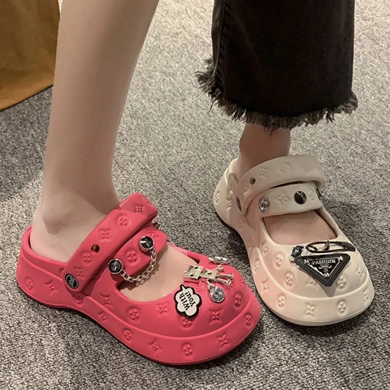 Women Summer Slippers EVA Platform Sandals Shine Metal Decoration Beach Slides Flip Flop Soft Casual Vacation Shoes Female 35-40