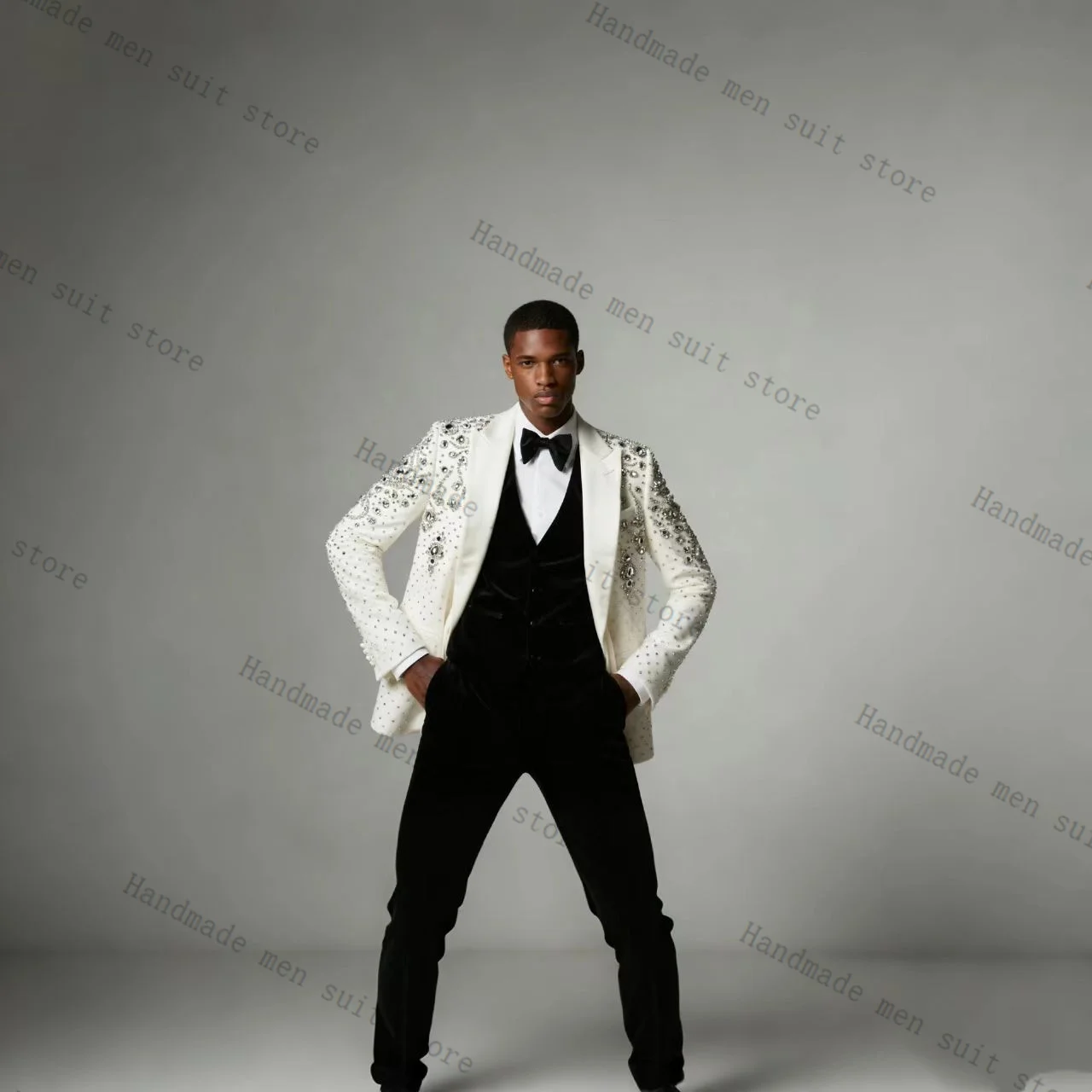 

White Men Suit Set 2 Piece Crystals Blazer+Black Pants Trousers Prom Wedding Tuxedos Coat Cotton Customized Formal Office Jacket