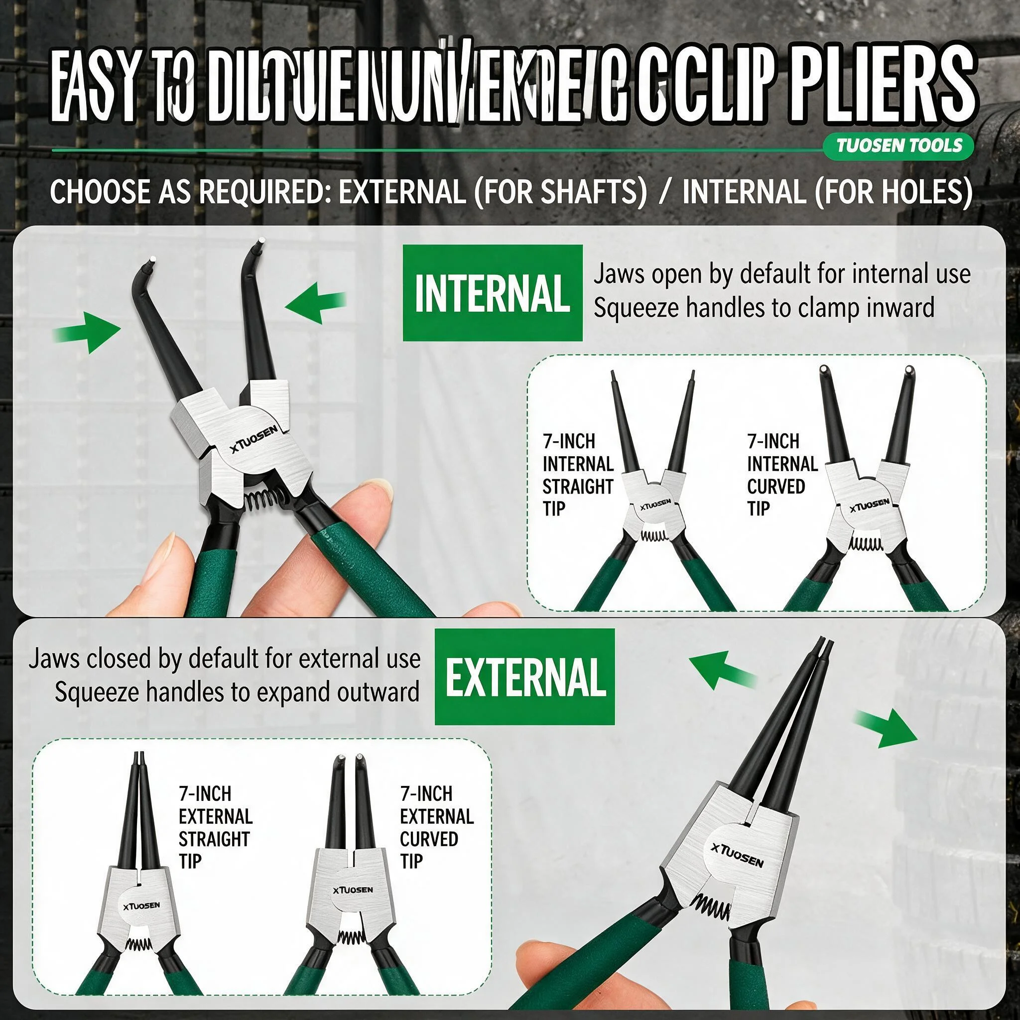 7-inch Manual Snap Ring Pliers 4-Piece Set for Inner/Outer Snap Ring Expansion and Dual-Use Retainer Clips