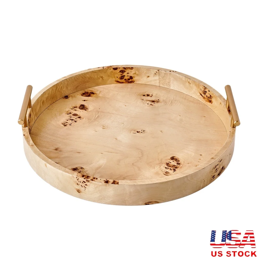 

Round Burlwood Serving Tray with Gold Handles Lightweight Accent Piece Drinks Appetizers Home Decor 15.75 Inch