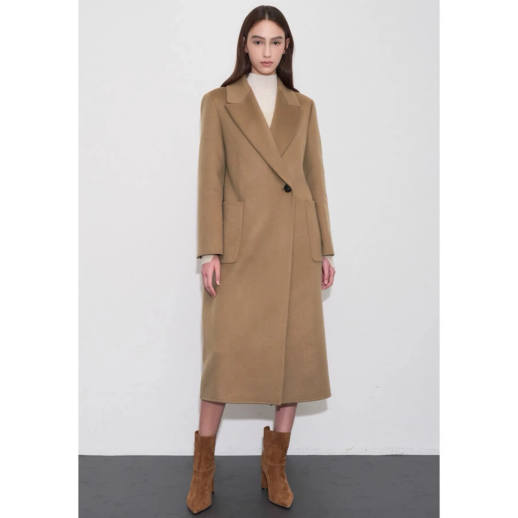 

Lemon Cheese 0BZ25 Autumn Faion Wool Camere Coat Long Length Suit Collar Slimming Water Wave Pattern Women's Windbreaker