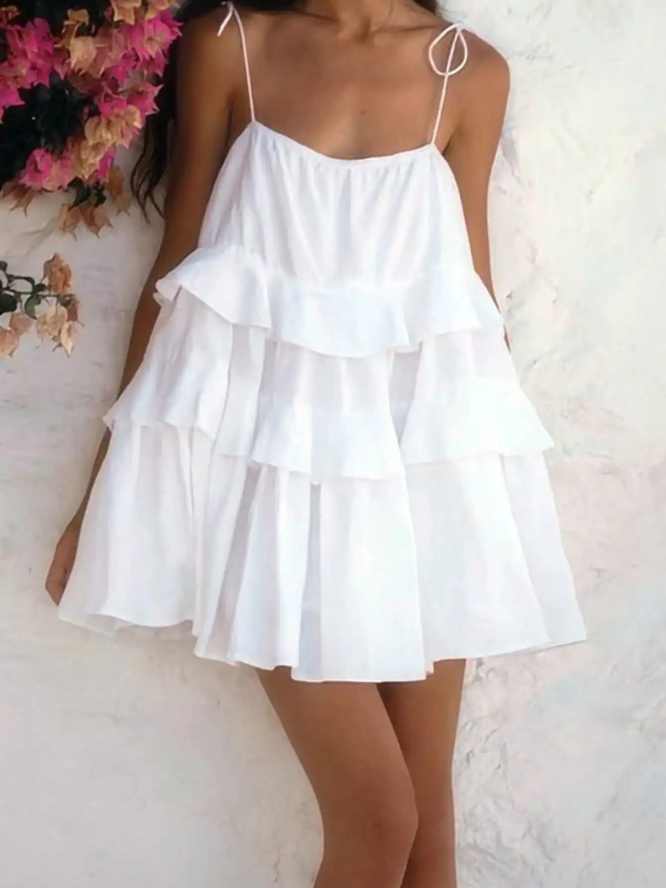 

White Layered Ruffle Mini Dress with Adjustable Spaghetti Straps