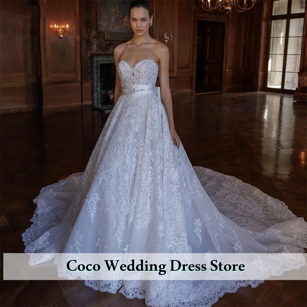 Gaun Pengantin Wanita Model A-Line Elegan yang Dapat Disesuaikan, Tanpa Lengan, dengan Renda Kristal dan Ekor Sapu, Vestidos De Novia