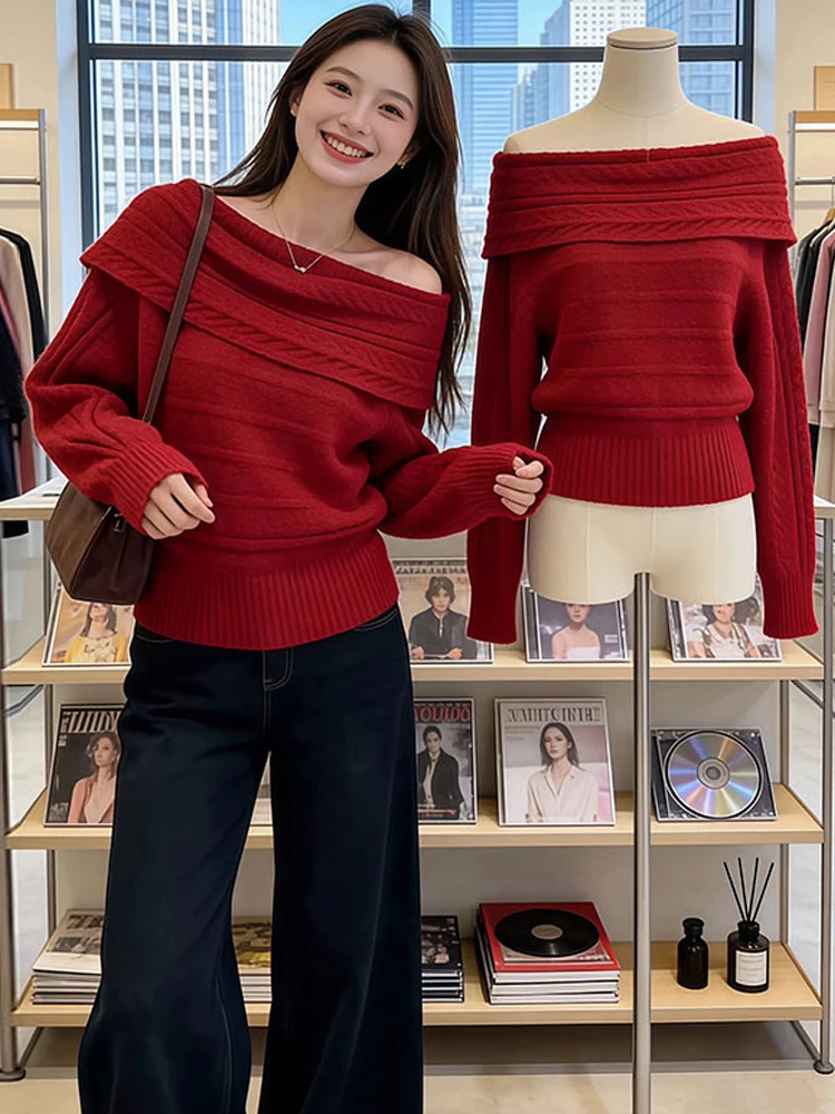 

Sexy Red One-oulder Knitted Sweater for Women Casual Loose Fit Long Sve Mid-Thiened Pure Color Daily Wear Chinese Brand