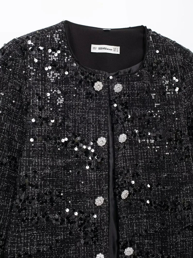 European and American style new women\'s clothing fashion personality sequined woolen diamond button jacket loose double-breasted