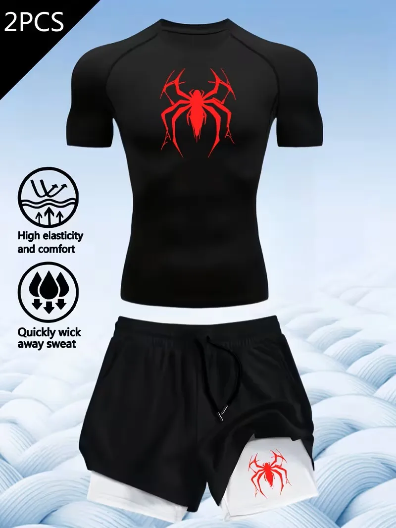 Conjunto Deportivo Informal para Hombre con Estampado de Alas - Camiseta Deportiva de Manga Corta de Secado Rápido con Estampado de Araña y Pantalones Cortos Deportivos de Doble Capa con Múltiples Bolsillos