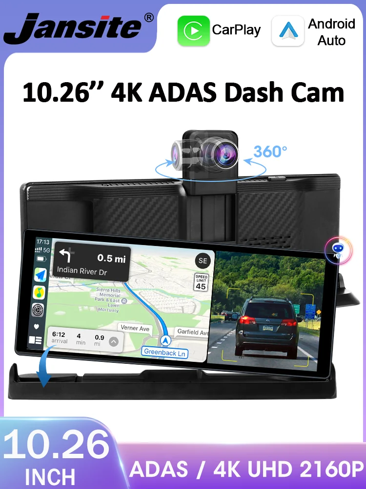 Jansite 10.26 Inch 4K ADAS Dash Cam 360° Rotate Lens Carplay Android Auto Car DVR WiFi GPS Navigation Video Recorder MirrorLink