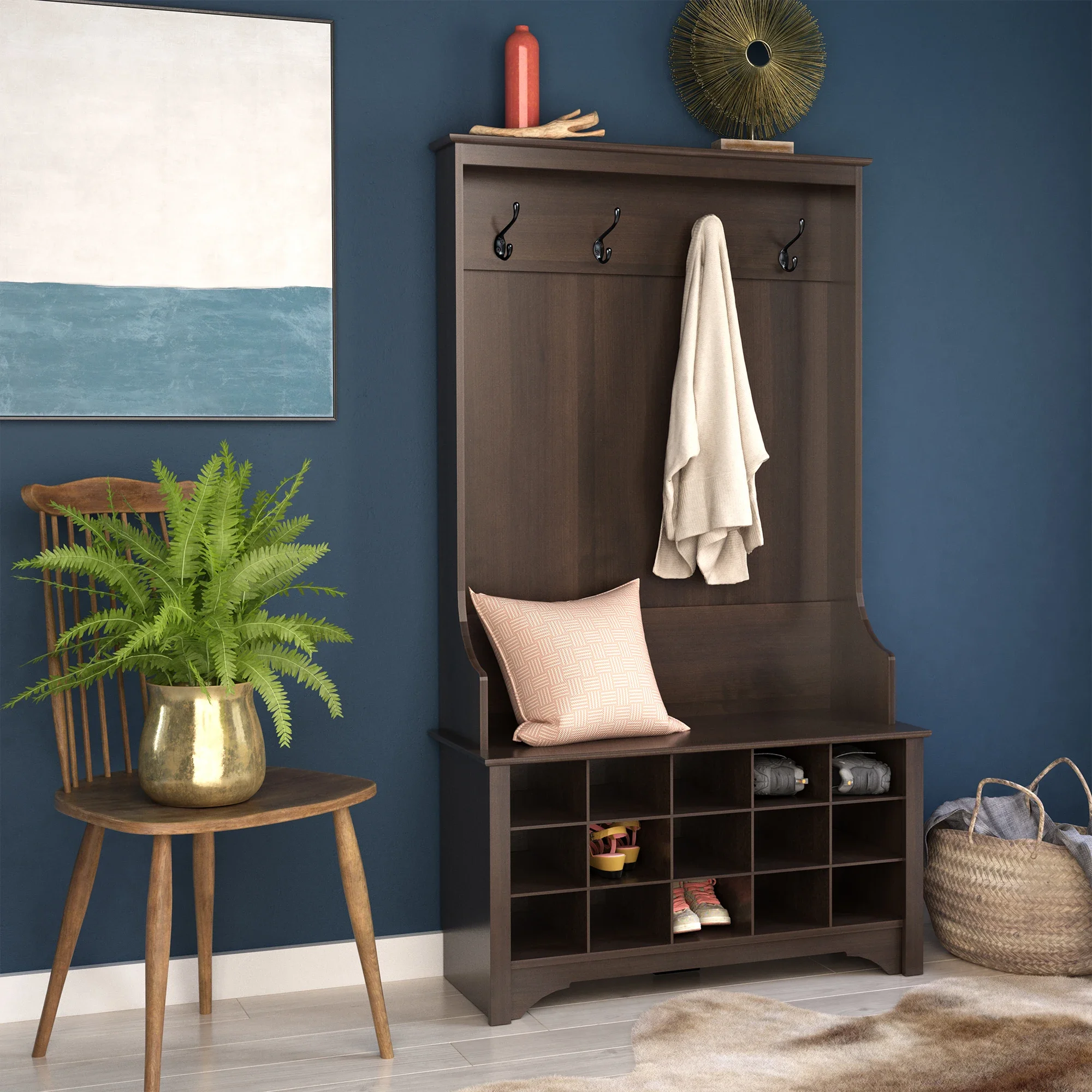 panic buying 3-in-1 Hall Tree with Bench and Shoe Storage Coat Rack Entryway Wood Furniture