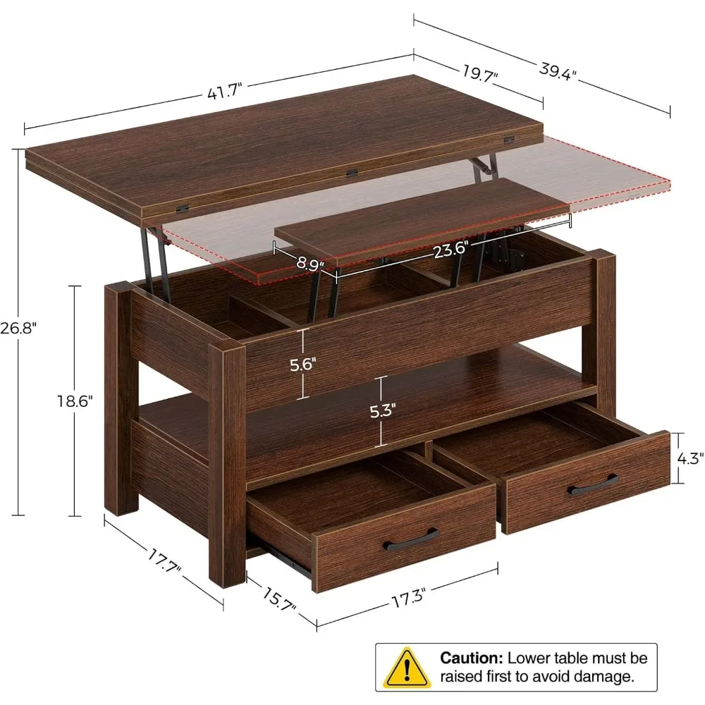 Mesa de centro com tampo elevatório, mesa de centro conversível multifuncional com gavetas e compartimento oculto.