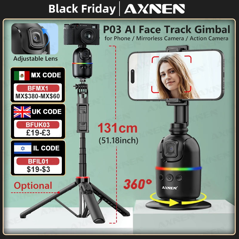 AI Face Tracking Gimbal Mobile Phone Stabilizer, 360 Auto Rotate Selfie Stand for Iphone 15 Pro Max Android, Optional Tripod