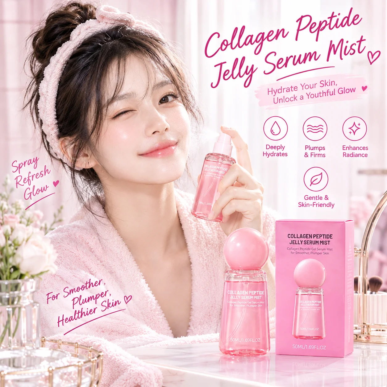 Collagen Peptide Jelly Mist Serum Facial Rejuvenation Deep Hydration Moisturizing  Firming Plumping Refreshing Face Care Mist