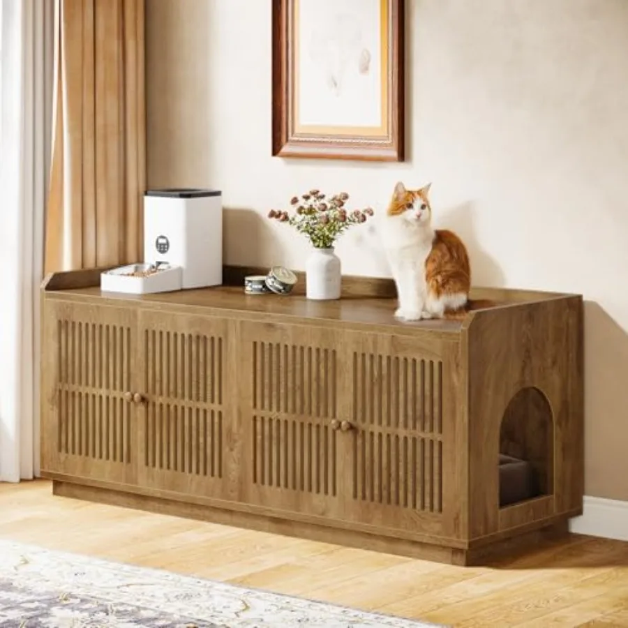 2 Cats Litter Box Enclosure 55.1-Inch Extra Large Hidden Litter Box Furniture with 2 Cabinets and Side Entry Wooden XL Cat Wash
