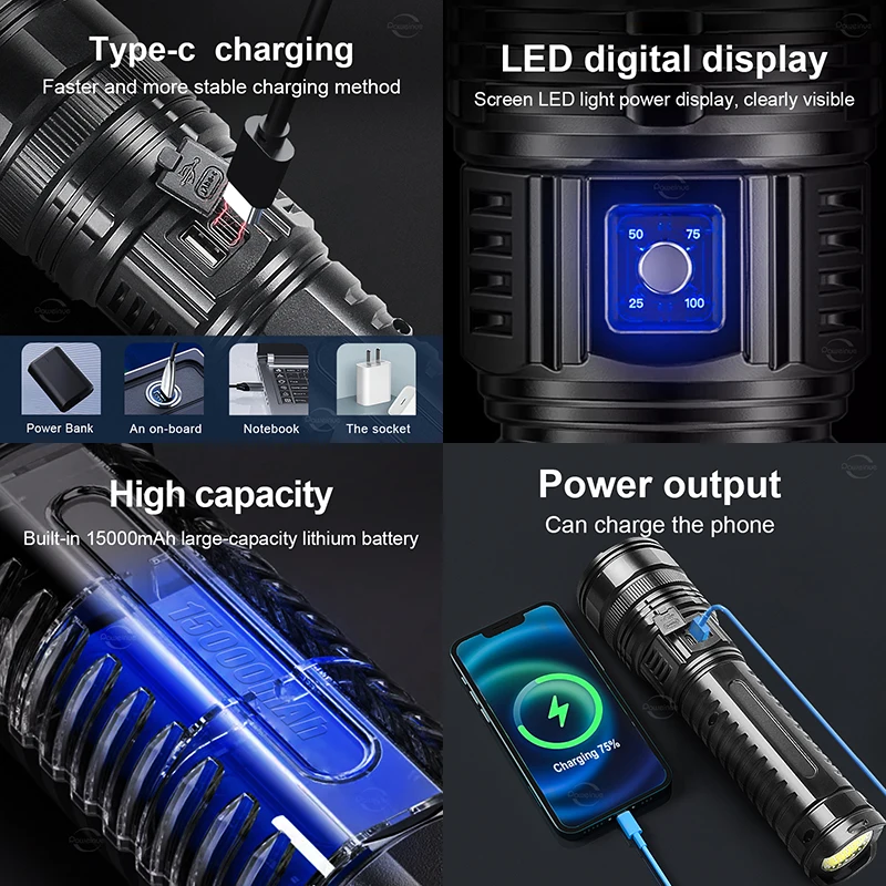 15000mah Most Powerful Led Flashlights 10000000LM Tactical Flash Light Built-in 3*18650 Battery Long Range Spotlight Torch Light