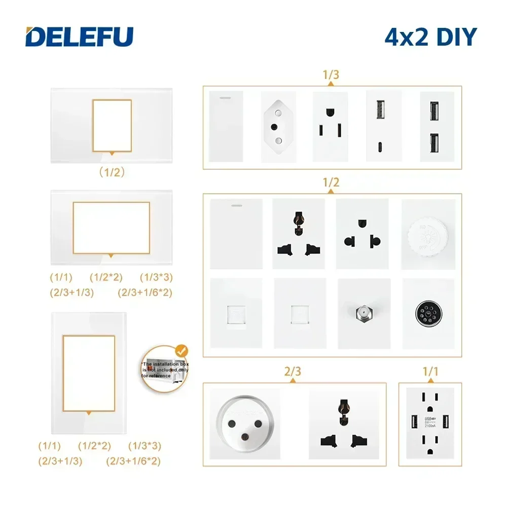 DELEFU Israel Socket DIY Blank Board USB TypeC Doorbell Switch 45A 20A Curtain TEL CAT5 TV HDMI SAT Smart White