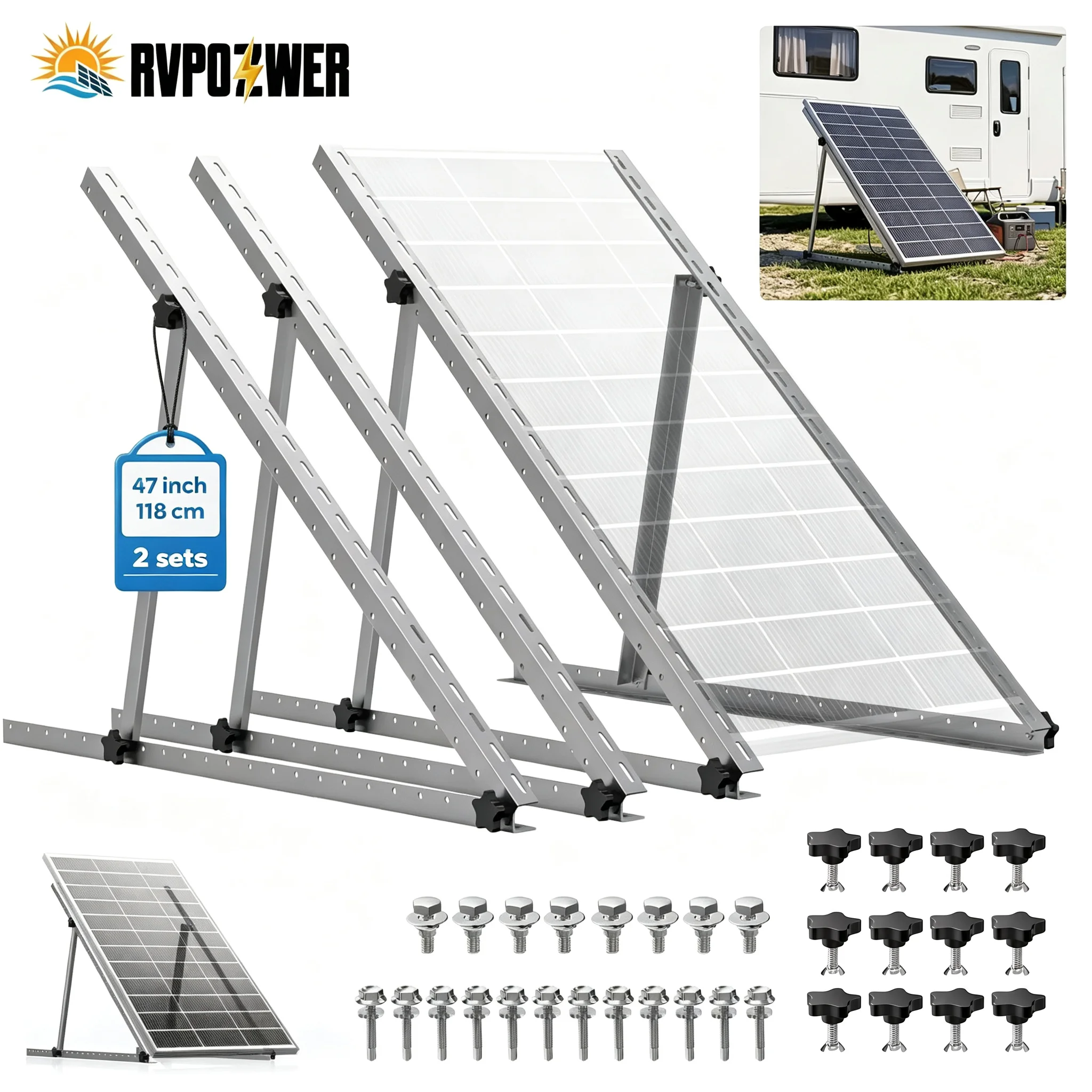 RVPOZWER 47in 4PCS 2PCS 1PCS Adjustable Solar Panel Bracket Heavy‑Duty Tilt Legs Mount Stand for Roof RV Caravan Boat Off‑Grid Outdoor Solar Installation